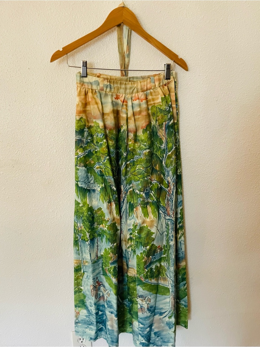 Handmade Vintage Belted Maxi Skirt with Green Scenic Print Victorian Size XS